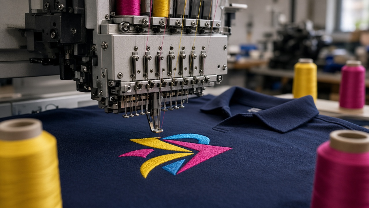 Embroidered logo being stitched on garment