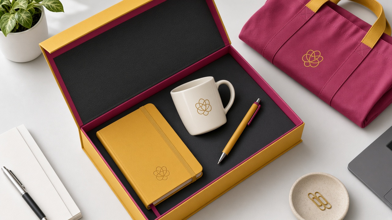 Branded gift box with notebook, mug, pen and tote bag