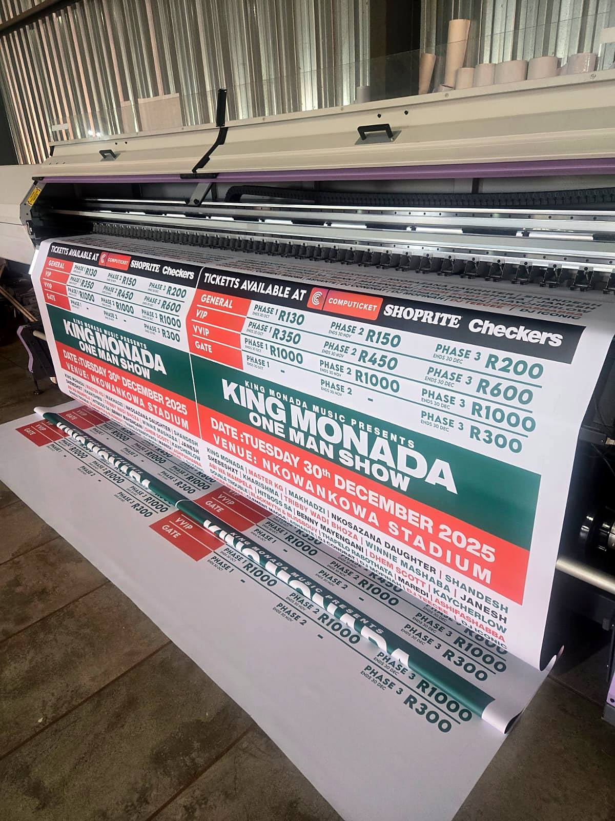 King Monada concert banner coming off the large-format printer in our workshop
