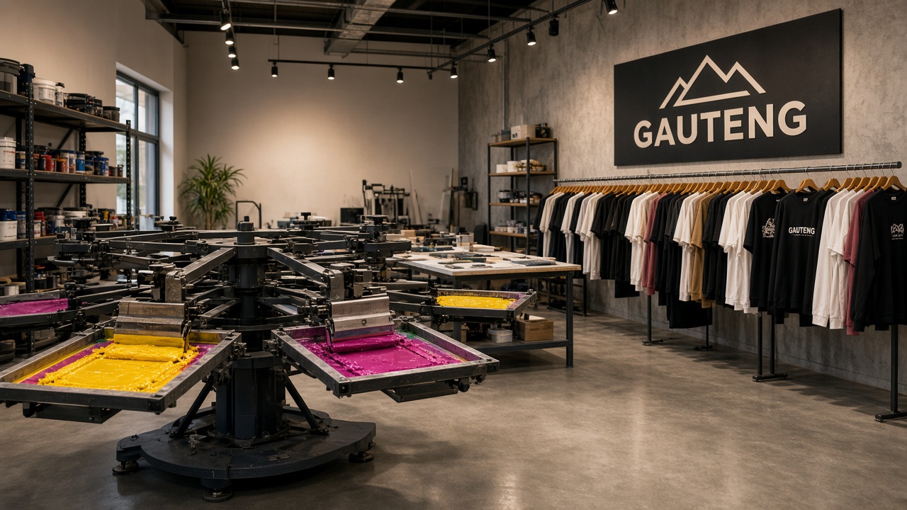 The Mighty Media print studio: screen-print press, ink, and branded apparel on rails